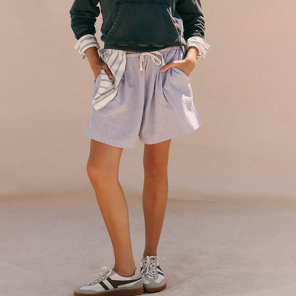 Free People Light Blue Cotton Drawstring Shorts and Top Set-Small